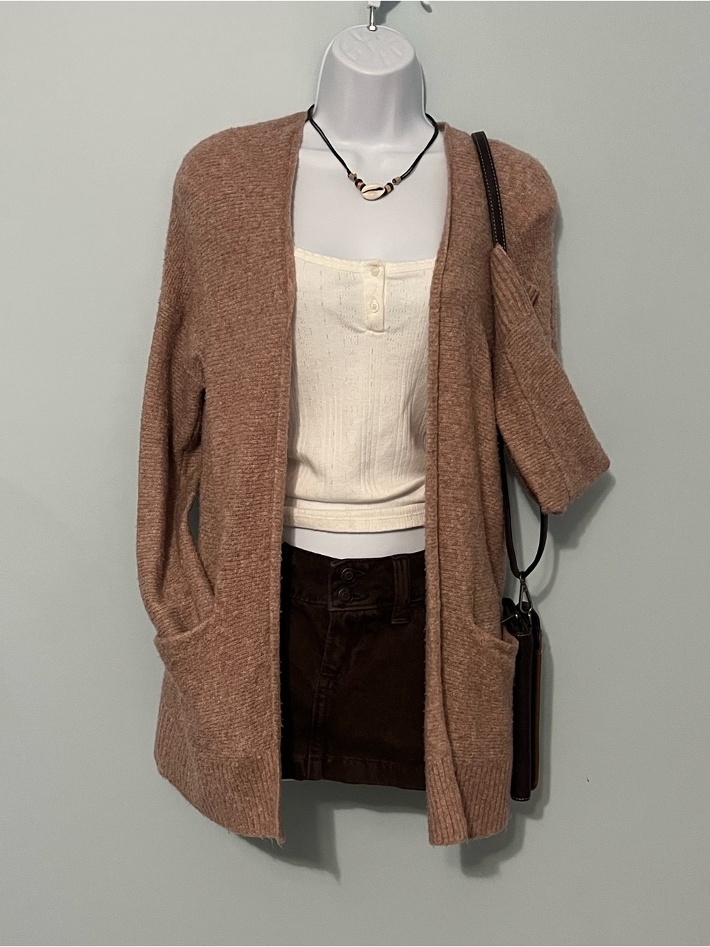 American Eagle Outfitters Open-Front Cardigan Sweater in Mauve Brown